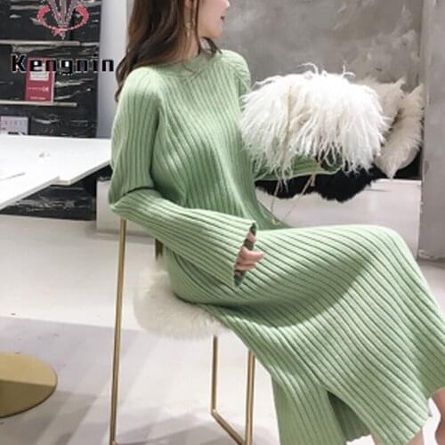 Match Coats Knitted Women Dresses2021 Autumn Winter Thick Sweater Ladies Vestidos Long Sleeve O-Neck Sweater Robe Dress KE1865