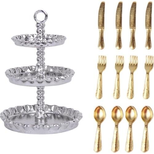 1/12 Dollhouse Miniature 3 Layer Metal Desserts Snack Rack Stand & 1/12 Doll House Miniature Stainless Steel Tableware Set 12 It