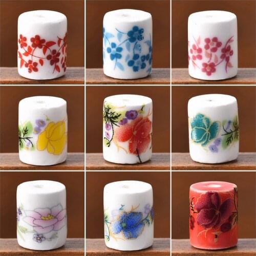 10pcs 10x8mm Cylinder Shape Flower Patterns Ceramic Porcelain Loose Crafts Beads lot for Jewelry Making DIY Findings