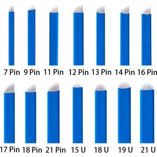 100 Pcs Microblading Tattoo Needles 7 9 12 14 16 18 21 U Shape Blue 0.2mm for Permanente Makeup Eyebrow Blades Manual Pen