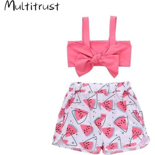 2020 Summer Toddler Baby Girls Clothes Sets Off Shoulder Bowknot Tube Top + Printed Short Pants Fashion 1-6Y