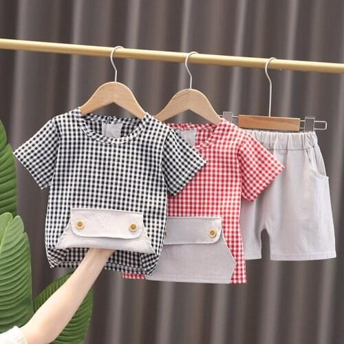 2021 Toddler Boys Casual Clothing Sets Summer Infant Kids Cotton Hemp PlaidT-shirt + Solid Shorts Fashion Toddler Girls Clothes