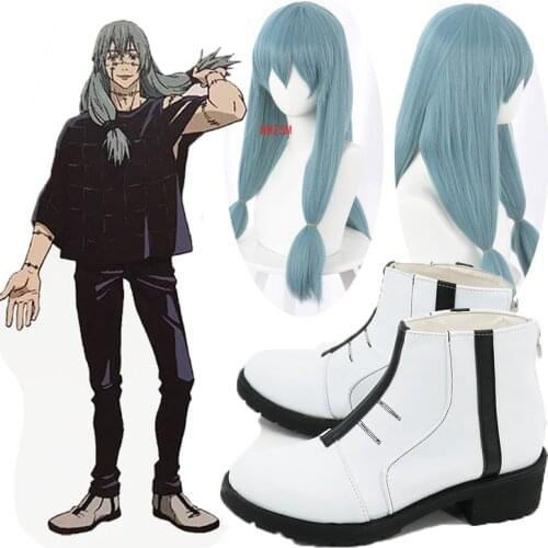 Anime Jujutsu Kaisen Mahito Cosplay shoes Boots Wig Blue Heat Resistant Synthetic Hair Double braid Costume Wig Props Halloween