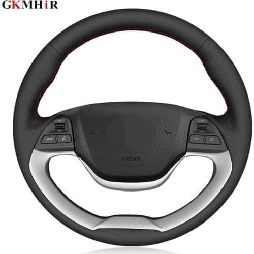 DIY Hand-stitched Non-slip Black Artificial Leather Car Steering Wheel Cover For Kia Morning 2011-2016 Picanto 2012-2015