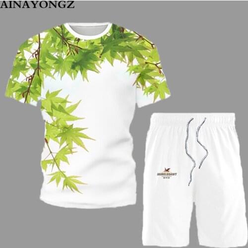 2021 Summer Clothing Mens Sets Plain Tree Leaf Print Short Sleeve Suit Male T-Shirt and Shorts 2 Piece Fashion Casual Outfit