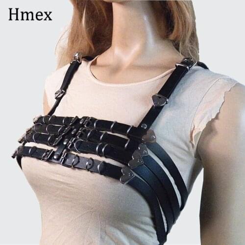 Creative Black Sexy Leather Bra Harness Belts Womens Punk Top Bondage Metal Choker Chain Link Heart Waist Belt Straps Suspender