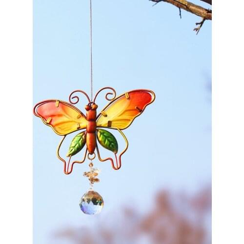 Metal Butterfly Wind Chime with Crystal Ball Pendant Chic Garden Window Decoration