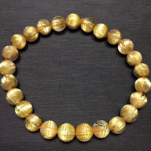 Top Quality 7mm Natural Brazil Gold Rutilated Titanium Quartz Crystal Woman Man Big Round Beads Bangle Wealthy Bracelet