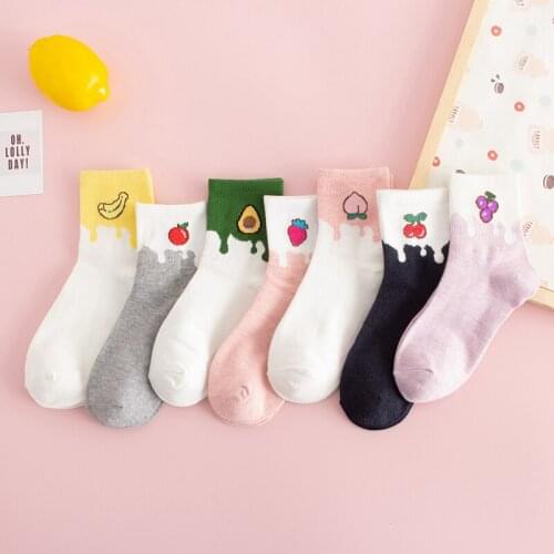 Cute Kawai Women Combed Cotton Sports Socks Female Funny Lovely Milk Fruit Pattern Hiking Cycling Skateboard Casual Sock