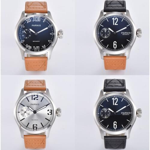 New Parnis 46mm ST3600 Movement Hand-winding Mens Wristwatch Black / slver Dial Seconds dial leather strap polished bezel clock