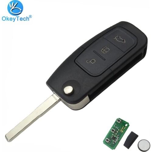 OkeyTech 3 Button Flip Folding HU101 Uncut Blade Remote Key 433Mhz 4D63 80 Carbon Bits Chip for Ford S C D-Max Focus Mondeo KA