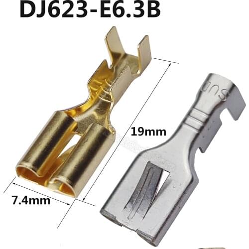100Pcs DJ623-E6.3B Type 250 Cold Pressed Brass 6.3mm Spring Flat Plate Barbed Plug Terminal Connector