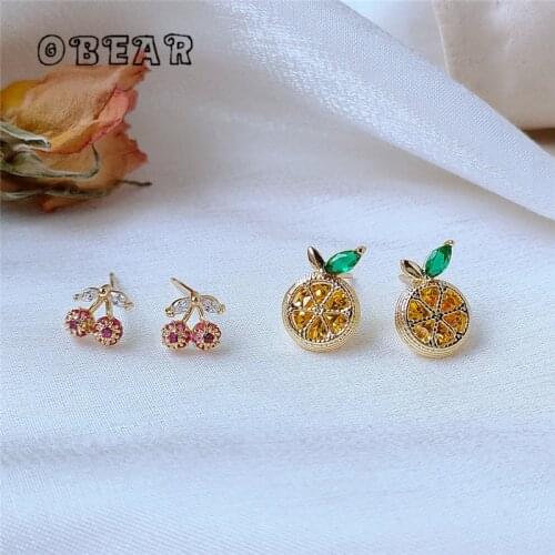 OBEAR 14K Real Gold Plated Korean Creative Cherry Orange Zircon Stud Earring Women Exquisite Small Fresh Daily Jewelry
