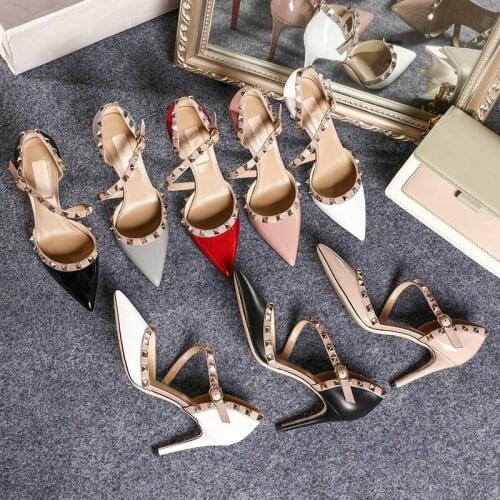 Summer new style fashion women shoes nude patent leather spikes rivets ankle strappy point toe high heels pumps 8cm