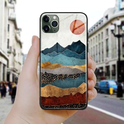 Nordic Abstract Nature Metal sunset Silicone Glass Phone Case Cover Shell For iPhone SE 6 6s 7 8 Plus X XR XS 11 12 Mini Pro Max