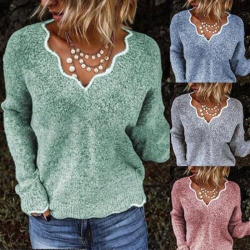 Autumn Women Fashion Sweater Lace Casual Flaky Cloud V-Neck Loose Solid Color Sweater Simple Full Fleece Warm Clothes Daily Wear