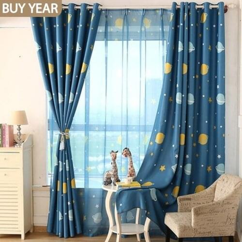 Dark Blue Planet Curtains for Living Dining Room Bedrooms Childrens Room Cartoon Floating Window LandingBlackout Curtains Tulle