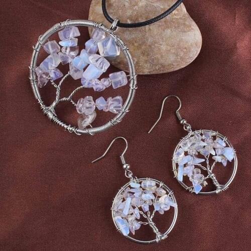 YJXP Silver Plated Tree of Life Pendant Rope Chain Necklace Opalite Opal Drop Earrings Trendy Round Shaped Jewelry Sets
