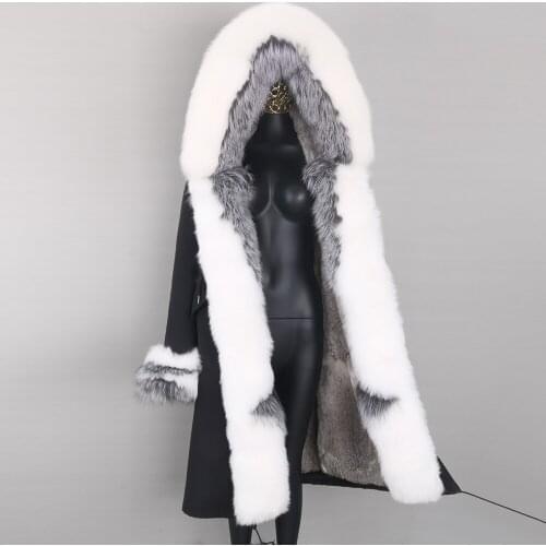 2021 X-long Women Parka Color matching Real Fur Coat Winter Jacket Raccoon Fur Liner Natural Fox Fur Parka Outerwear Detachable