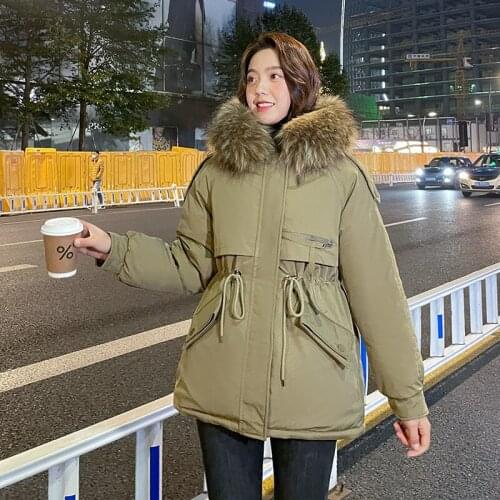 ISENMAL Short Cotton Liner Hooded Parka With Fur Collar Winter Jackets For Women New Casual Adjustable Waist Female Parka
