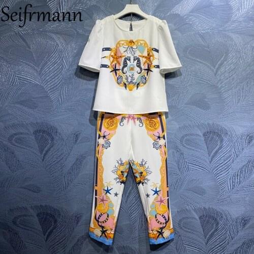 Seifrmann New 2021 Summer Women Fashion Runway Pant Set Short Loose Short Tops + High Waist Vintage Printed Long Pants Suits