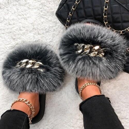 Women real fox fur slippers sandals furry with gold metal chain 2021 fashion flats fluffy luxurious plus size