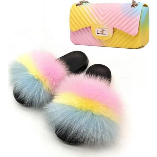 Womens Furry Slides Rainbow Jelly Chain Bag Shoes Set Cute Crossbody Purse Fluffy Fox Fur Slippers Wholesale Fur Flip Flops