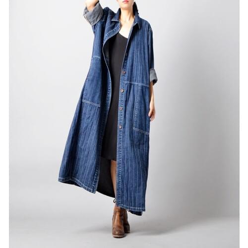 Women loose Striped Long Denim Trench Coat Outwear Ladies Stripes Long Coat Overcoat Retro Denim Overcoat 2019 Autumn Retro