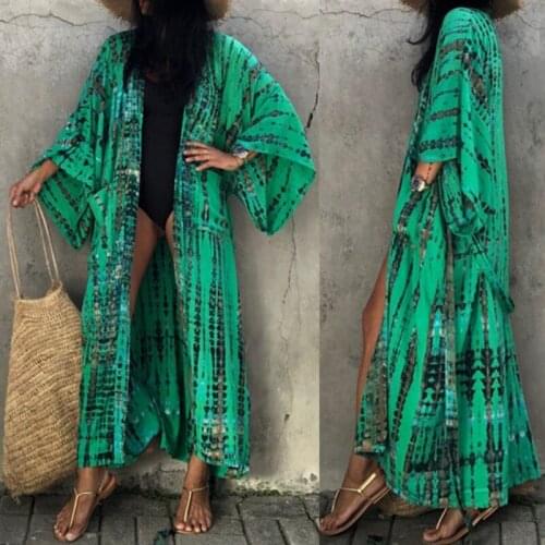 Women Tie-Dye Striped Cardigan Sunscreen Belted Beach Dress Swimsuit Cover Up