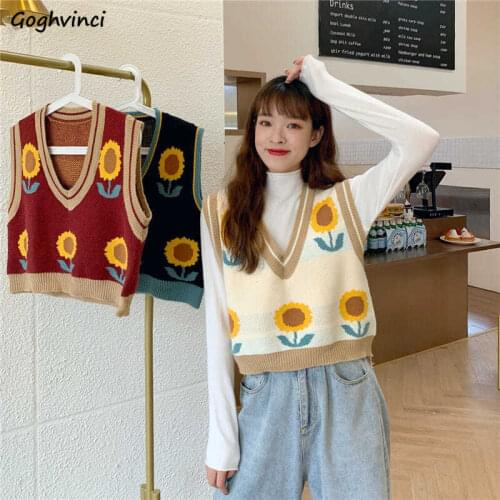 Floral Panelled Sweater Vests Women Vintage Mori-girls V-neck Jacquard Sleeveless Jumpers Chic Students Stylish Casual Outwear