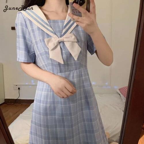 JuneRain Sailor Collar Women Vintage Plaid Mini Dress 2021 Summer Sweet Sailor Collar Dresses Preppy Style Short Sleeve Vestidos