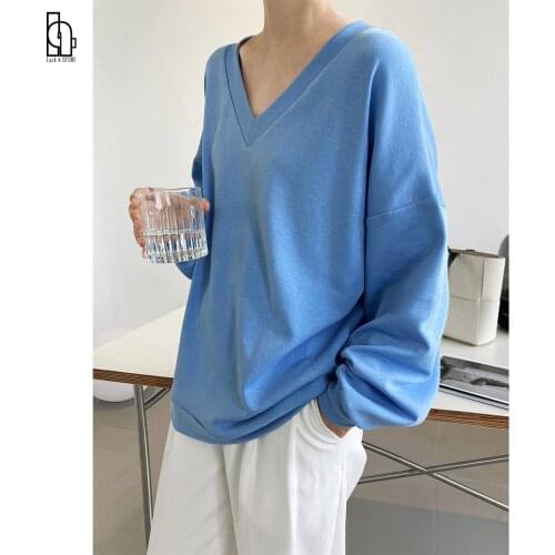 2021 Autumn Long Sleeve Women V-Neck T Shirt Pure Color Long Sleeve Women Loose Style Women Casual T Shirts Women Tops