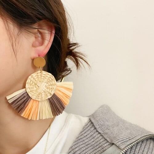 AENSOA Hand Rattan Knit Geometric Tassel Dangle Drop Earrings for Women Bohemian Woven Ethnic Holiday Earring Pendant Jewelry