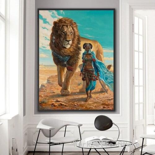 Africa Wild Lion with Girl Canvas Printing Art Fantasy Wall Poster Painting for Living Room Bedroom Decorative Paintings Cuadros