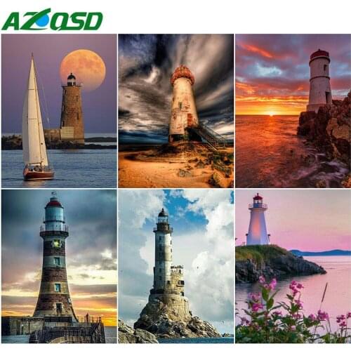 AZQSD Diamond Painting Lighthouse Cross Stitch Kits Diamond Embroidery Landscape Mosaic Full Square Drill Handmade Craft