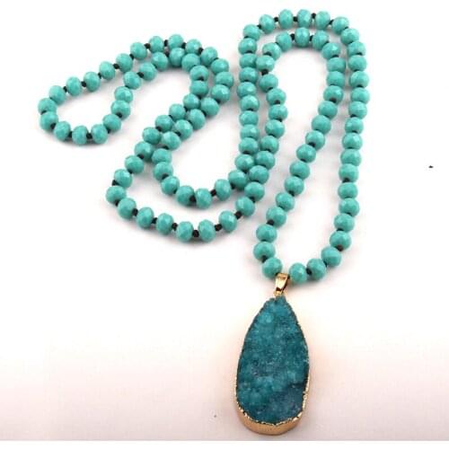 Free Shipping Bohemian Tribal Jewelry Fashion long Knotted Glass Bead Druzy Drop Pendant Necklaces