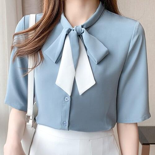 Blusas Blouses Femme Short Sleeve Blouse Women Blusas Mujer De Moda 2021 Bow V-Neck Chiffon Blouse Shirt Tops Women Shirts E931