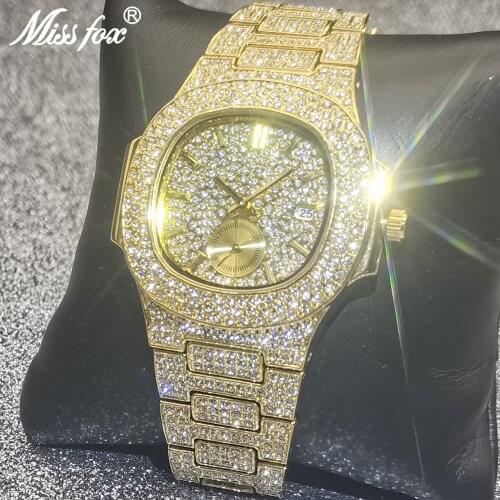 Mens Watches Top Brand Luxury MISSFOX NEW Trending 18K Gold Bling Watch Chronograph Waterproof Steel Full Diamond Jewelry Clocks