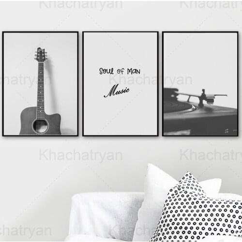 Black and White Home Decoration Painting Guitar Vinyl Record Living Room Wall Canvas Poster Text Simple Print Soul of Man Music
