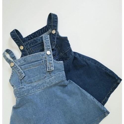 Childrens spring and summer Korean style new dress Western style cute small pocket buckle strap waist denim dress