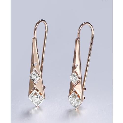 Long Drop Dangle Earrings for Women Girls Fashion 585 Rose Gold Geometric Rhombic CZ Stones Earrings Party Jewelry DGE315