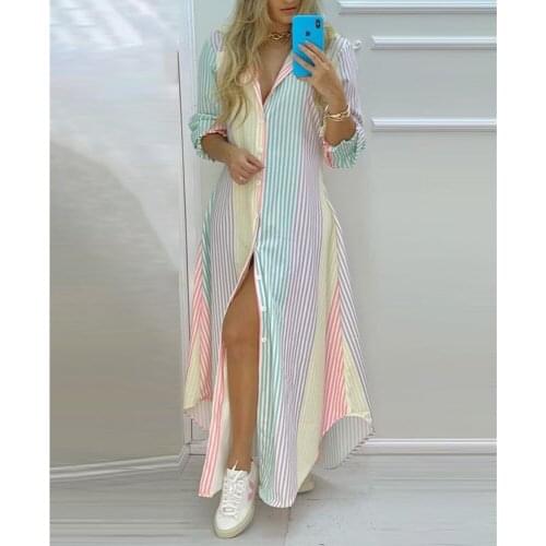 Elegant Womens Lapel Robe Autumn Sundress 2021 New Hot Casual Long Sleeve Maxi Vestidos Female Striped Shirt Dress Plus Size