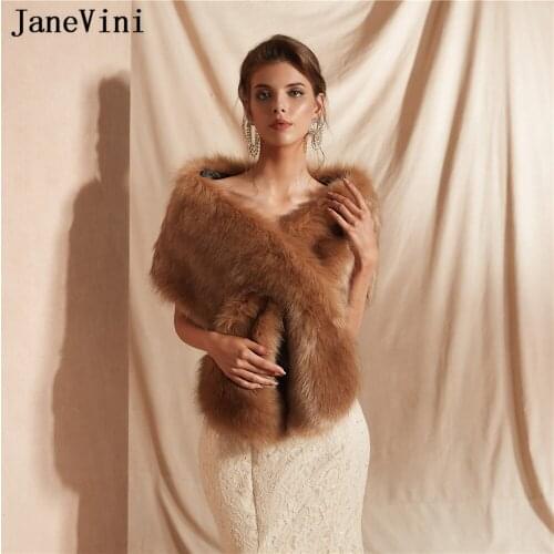 JaneVini Soft Warm Faux Fur Bridal Stole Jacket Winter Women Shawls and Wraps Elegant Wedding Cape Cloak Bolero Mariage Femme
