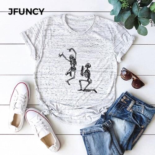 JFUNCY Plus Size Women Tops Skeleton Print Casual Woman Cotton T-shirt Summer Female Tee Shirt Oversize Short Sleeve Lady Tshirt