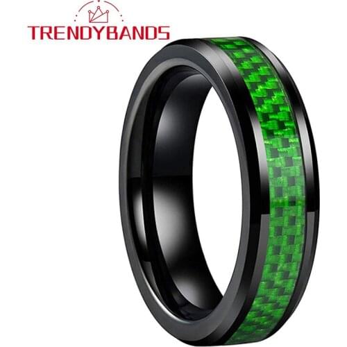 6MM Black Green Carbon Fiber Tungsten Carbide Rings For Men Women Wedding Band Beveled Edges Polished Shiny Comfort Fit