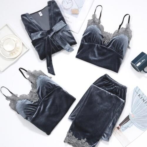 4PCS Sexy Female Lace Pajamas Set Velour Bride Bridesmaid Wedding Dressing Gown Kimono Bathrobe Robe Velvet Sleepwear Nightgown