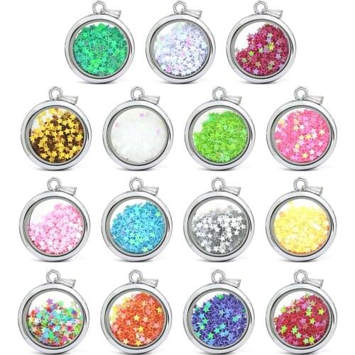 Beautiful 30mm Alloy Round Silver Glass Floating Locket With Glitter Star For Women LSFL072