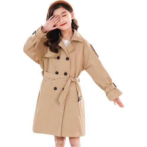 Coat For Girl Sashes Girls Long Jacket Coats Solid Color Kids Jacket Spring Autumn Clothes Girl 6 8 10 12 14