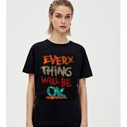 Hot Drill T Shirts Women Short Sleeve Casual Tshirt Funny Rhinestone new Tees loose design