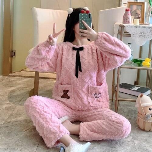 Sweet Pajamas Set Women Pink Pajamas Autumn Winter Flannel Casual Warm Round Neck Plus Velvet Thickening Cute Home Service